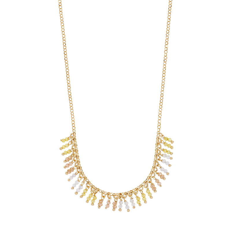 Collier pampilles perles de verre couleur citrine et blanc cassé, argent 925/1000 doré