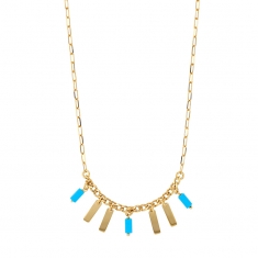 Collier pampilles plates et résine bleu turquoise, maille gourmette, argent 925/1000 platiné