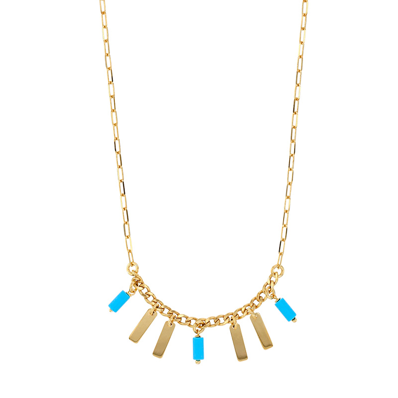 Collier pampilles plates et résine bleu turquoise, maille gourmette, argent 925/1000 platiné