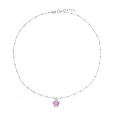 Collier papillon, boules émaillées rose clair, argent 925/1000 rhodié