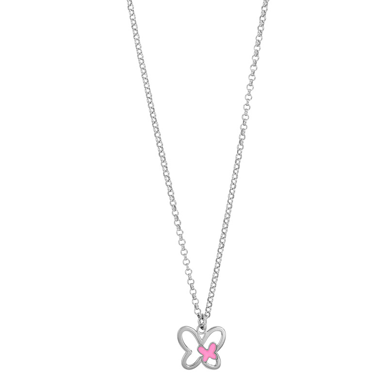 Collier papillon émail rose en argent 925/1000 rhodié