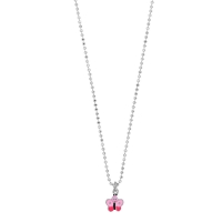 Collier papillon émail rose, maille perlée et diamantée argent 925/1000 rhodié