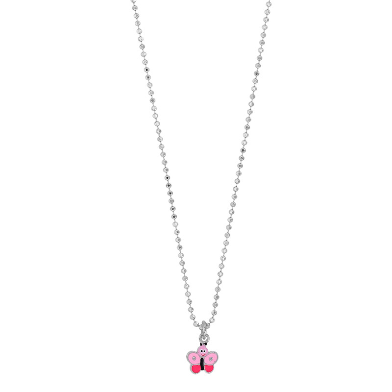 Collier papillon émail rose, maille perlée et diamantée argent 925/1000 rhodié