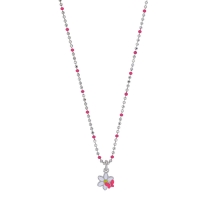 Collier papillon sur fleur émail blanc et rose, maille perlée et diamantée argent 925/1000 rhodié