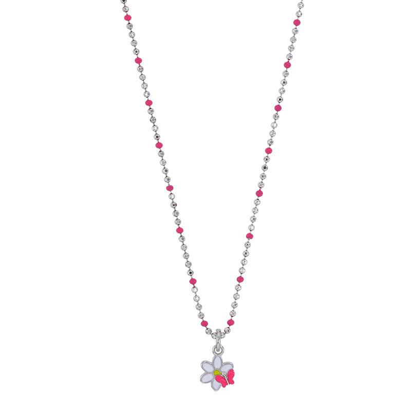 Collier papillon sur fleur émail blanc et rose, maille perlée et diamantée argent 925/1000 rhodié