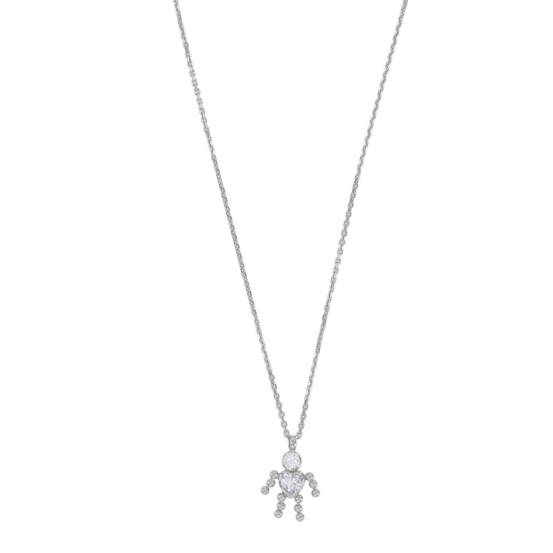 Collier pendentif personnage oxyde coeur rose et blanc avec boules, argent 925/1000 rhodié