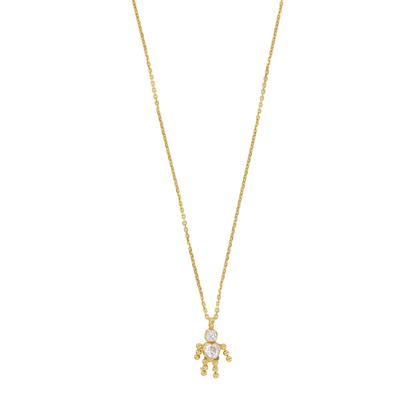 Collier pendentif personnage oxyde coeur rose et blanc avec boules, argent 925/1000 rhodié