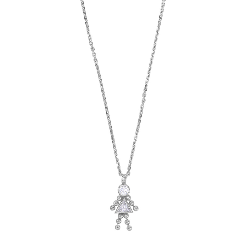 Collier pendentif personnage oxyde et boule maille forçat, argent 925/1000 rhodié