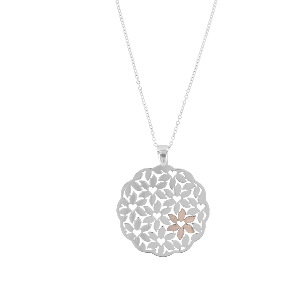 Collier pendentif rond ajouré avec fleur en argent rhodié 925/1000 et argent rose