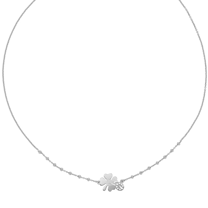 Collier perlé avec un trèfle et une coccinelle ajourée, argent 925/1000 rhodié