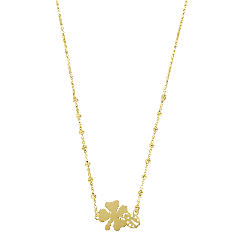Collier perlé avec un trèfle et une coccinelle ajourée, argent 925/1000 rhodié