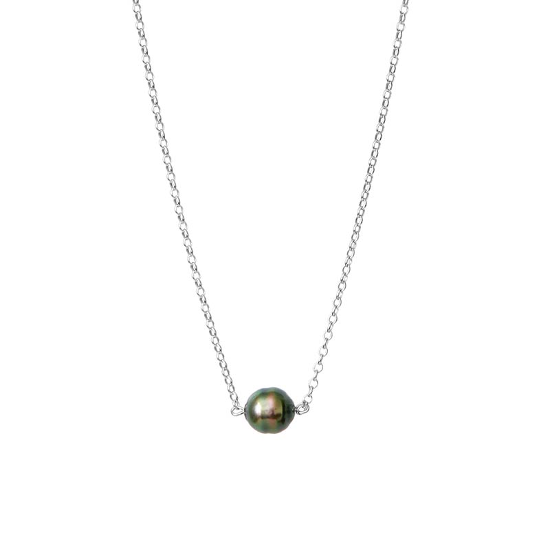 Collier perle de Tahiti cerclée baroque de culture, argent 925/1000 rhodié