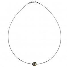 Collier perle de Tahiti ovale de culture, câble maille omega argent 925/1000 rhodié