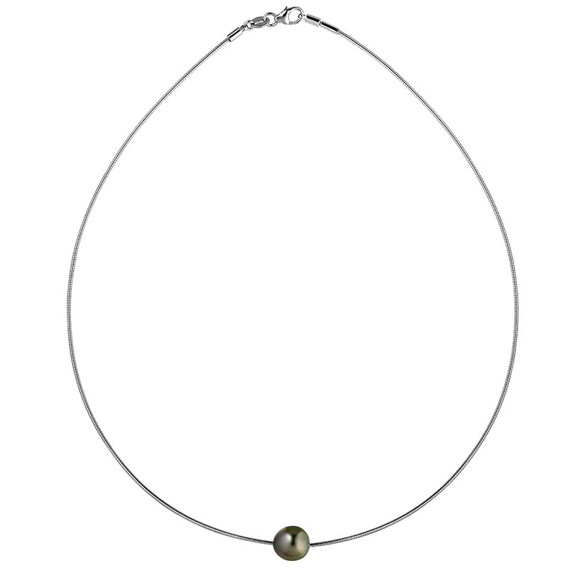 Collier perle de Tahiti ovale de culture, câble maille omega argent 925/1000 rhodié