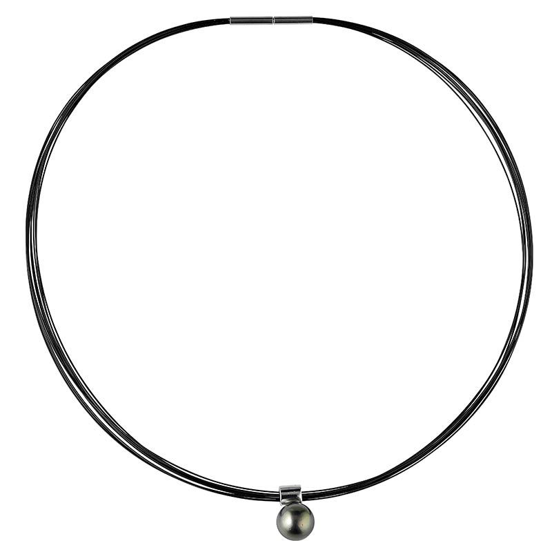 Collier perle de Tahiti ronde de culture, câble acier noir avec fermoir baïonnette