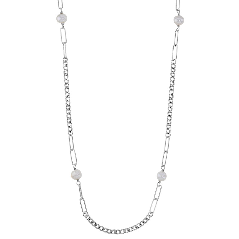 Collier 4 perles d'eau douce, maille gourmette et rectangle allongé, argent 925/1000 platiné