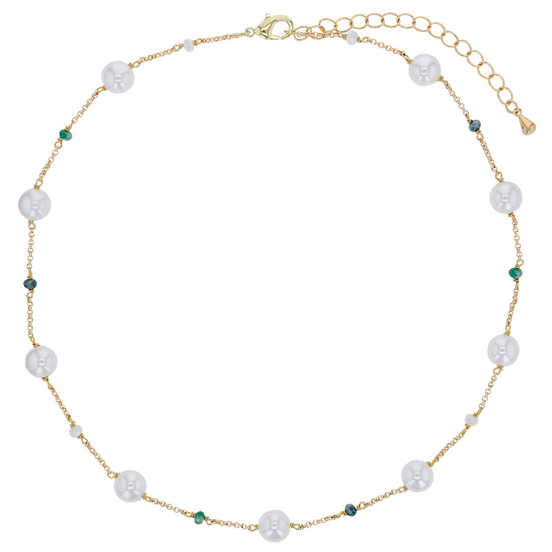 Collier perles de Majorque blanches, cristal, chaîne laiton doré