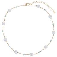 Collier perles de Majorque blanches, cristal, chaîne laiton doré