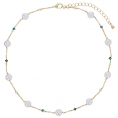 Collier perles de Majorque blanches, cristal, chaîne laiton doré