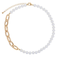 Collier perles de Majorques blanches, grande maille ovale allongée laiton doré