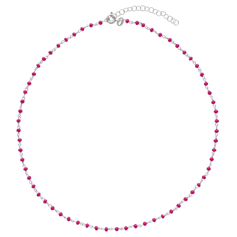 Collier perles de verre fuchsia, argent 925/1000 platiné