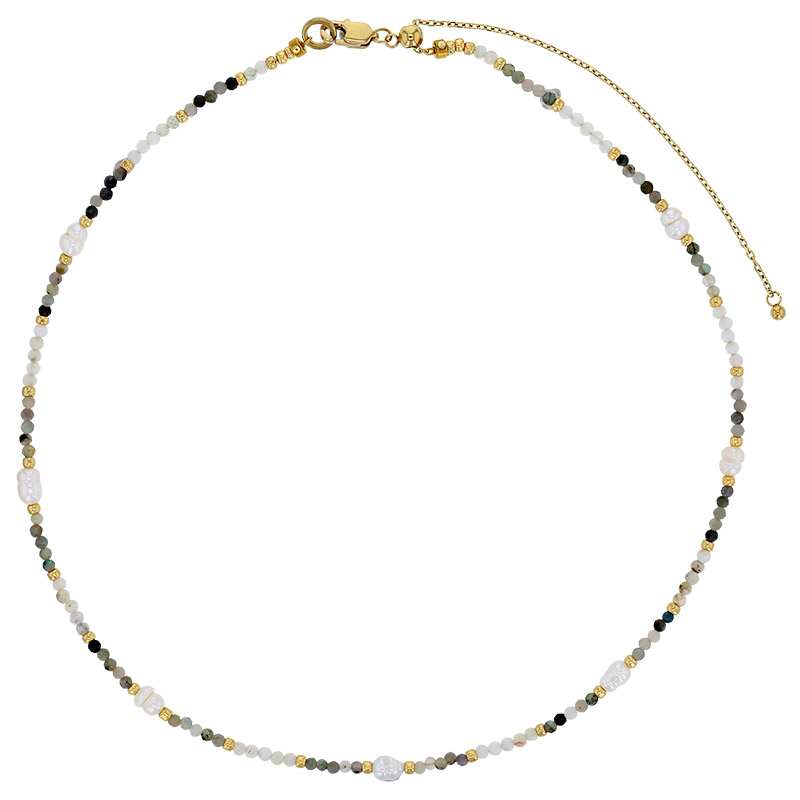Collier perles de verre Miyuki perle de culture d'eau douce jade grise et blanche, acier doré