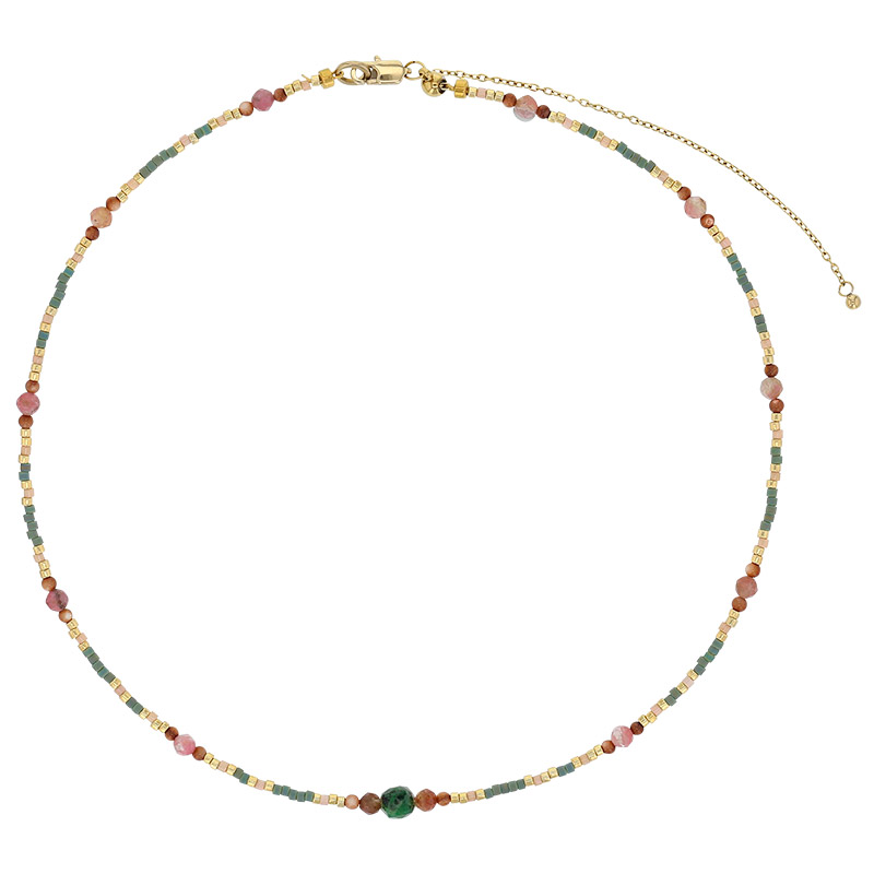 Collier perles de verre Miyuki rhodonite cristal vert et rouge coquillage, acier doré