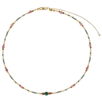 Collier perles de verre Miyuki rhodonite cristal vert et rouge coquillage, acier doré