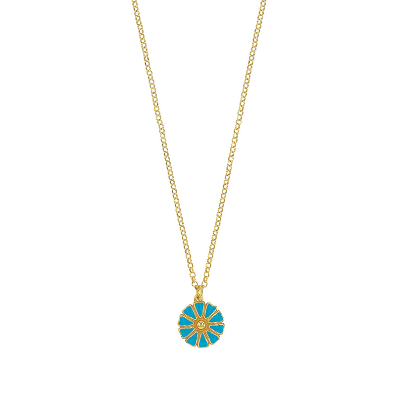 Collier petite fleur émail bleu turquoise, argent 925/1000 doré