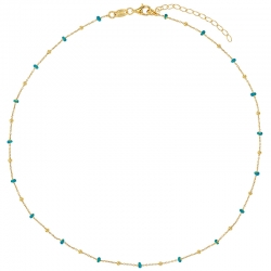 Collier petites boules bleu canard en émail, argent 925/1000 doré