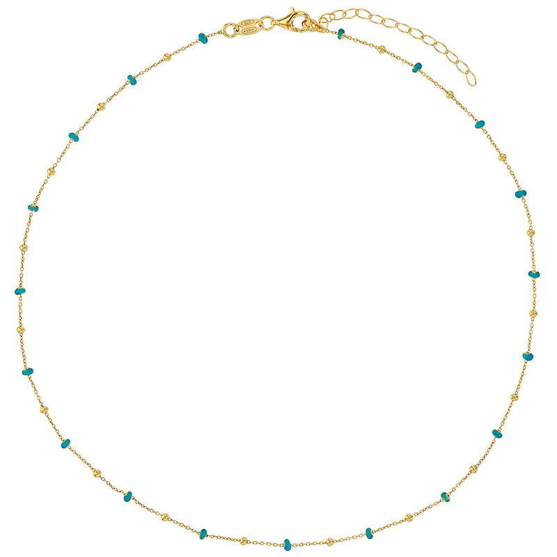 Collier petites boules bleu canard en émail, argent 925/1000 doré