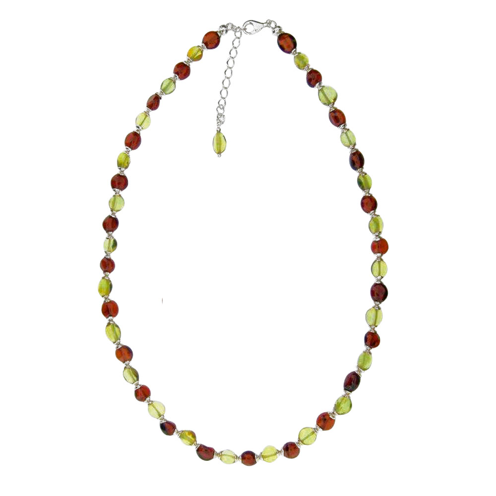 Collier petites boules d'ambre cognac et d'ambre verte des Caraïbes