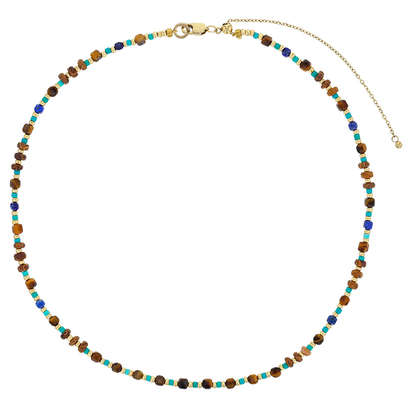 Collier petites perles de verre Miyuki, Oeil de tigre, lapis-lazuli, turquoise reconstituée, opale