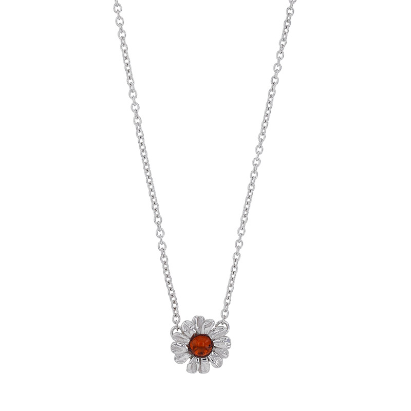 Collier pierre ambre cognac et motif fleur en argent 925/1000 rhodié