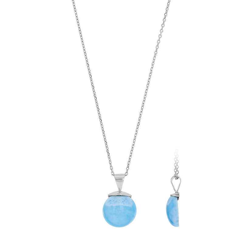 Collier pierre Larimar demi-boule, argent 925/1000 rhodié