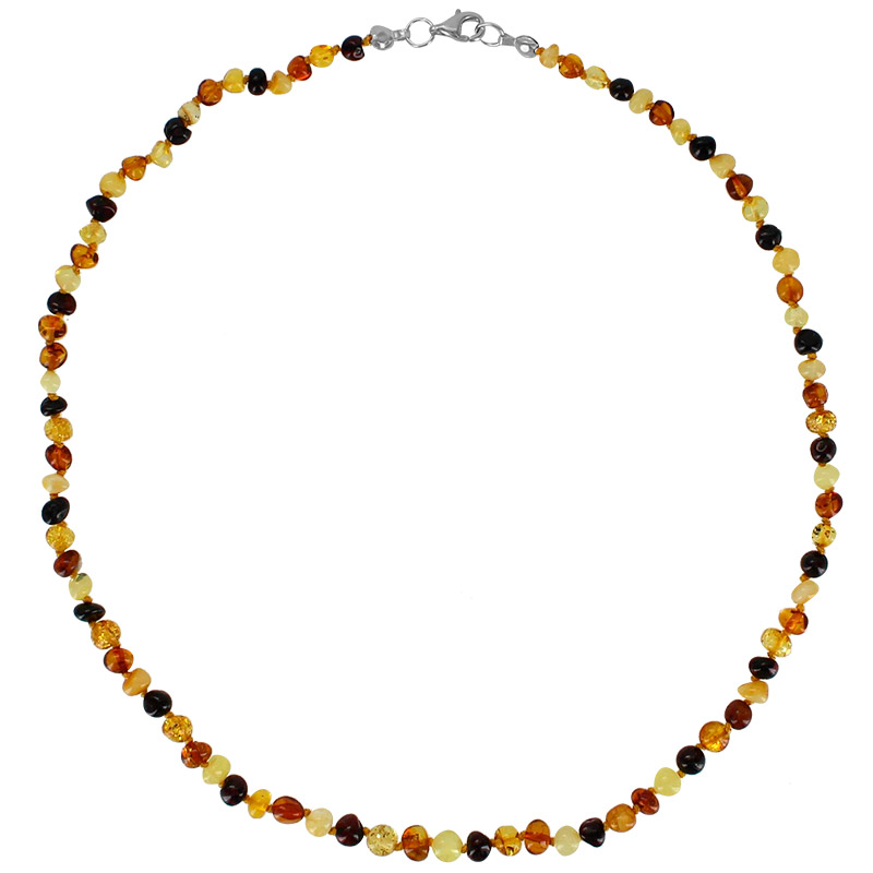 Collier pierres d'Ambres cerise, cognac, miel et citrine, argent 925/1000