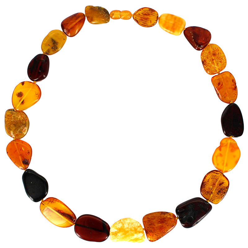 Collier pierres plates d'ambre cognac, miel et cerise, fermoir à vis