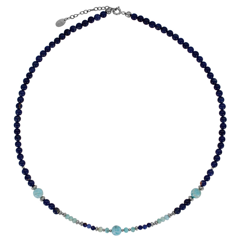 Collier pierres rondes et facettées Sodalite et Larimar, argent 925/1000 platiné