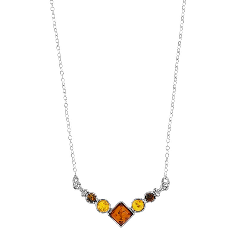 Collier 3 pierres ronds/losanges ambre, argent 925/1000 rhodié
