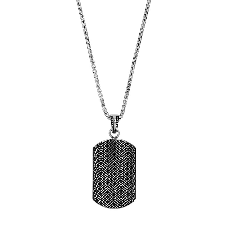 Collier plaque acier avec motifs en émail noir