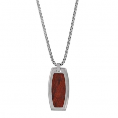 Collier plaque acier lisse et bois, chaîne acier