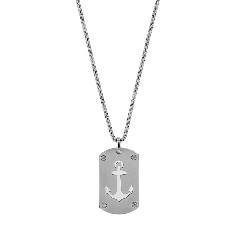 Collier plaque ancre marine en matière miroir, acier