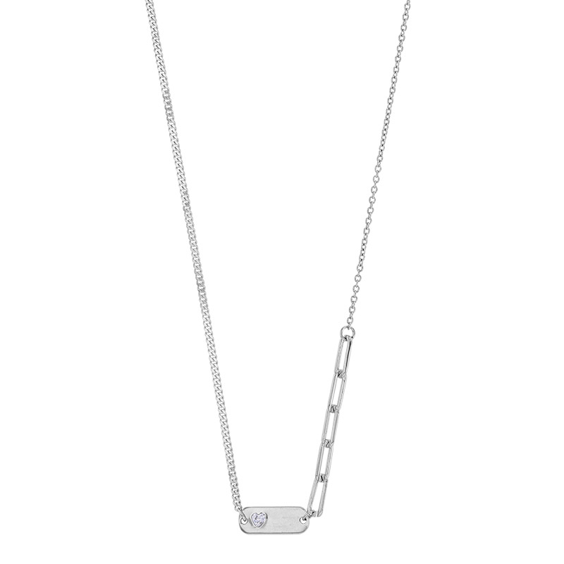 Collier plaque 1 coeur en oxyde, 5 anneaux en argent 925/1000 rhodié