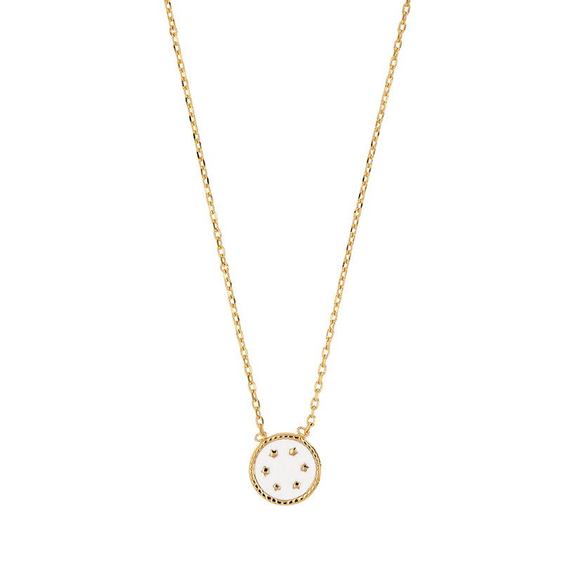 Collier plaqué or motif rond, petites étoiles sur émail blanc