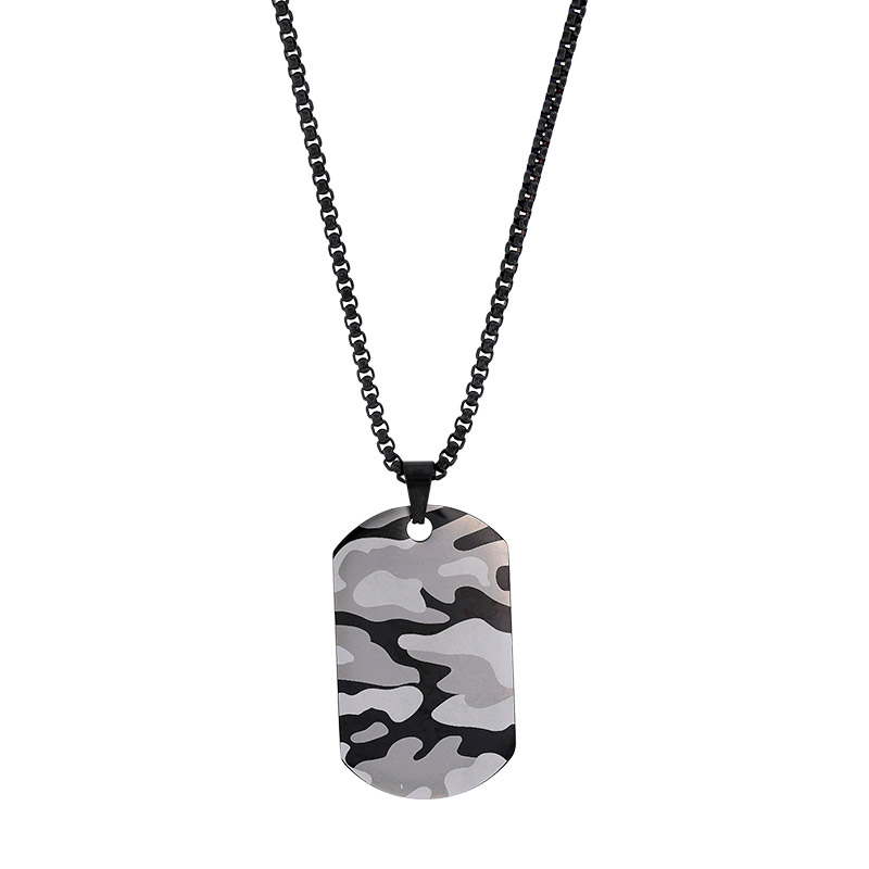 Collier plaque rectangulaire 4,7 x 2,8cm, motif militaire en acier noir