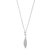 Collier plume, chaîne maille gourmette et petit rectangle, argent 925/1000 platiné