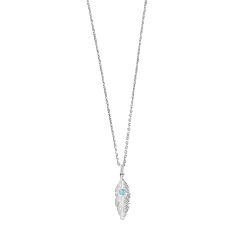 Collier Plume en argent 925/1000 rhodié ornée d'une pierre ronde Larimar