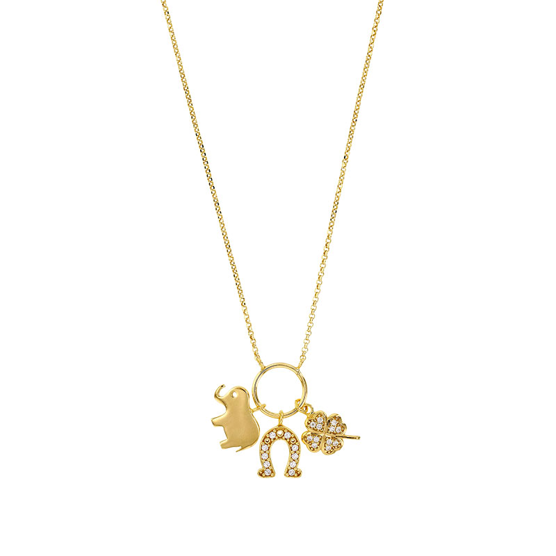 Collier porte-bonheur argent rhodié - éléphant - fer à cheval - trèfle à 4 feuilles