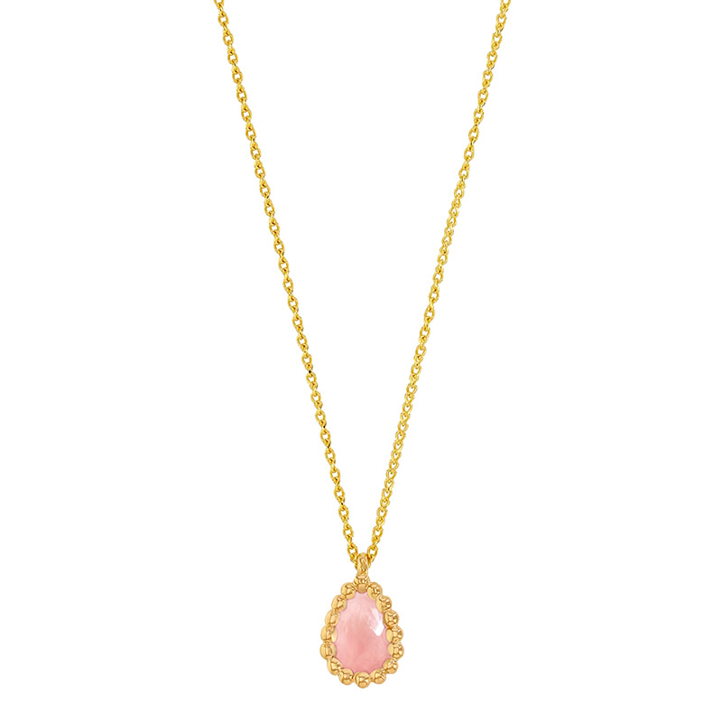 Collier Quartz rose taille poire 6 x 4mm, entourage perlé Or 750/1000