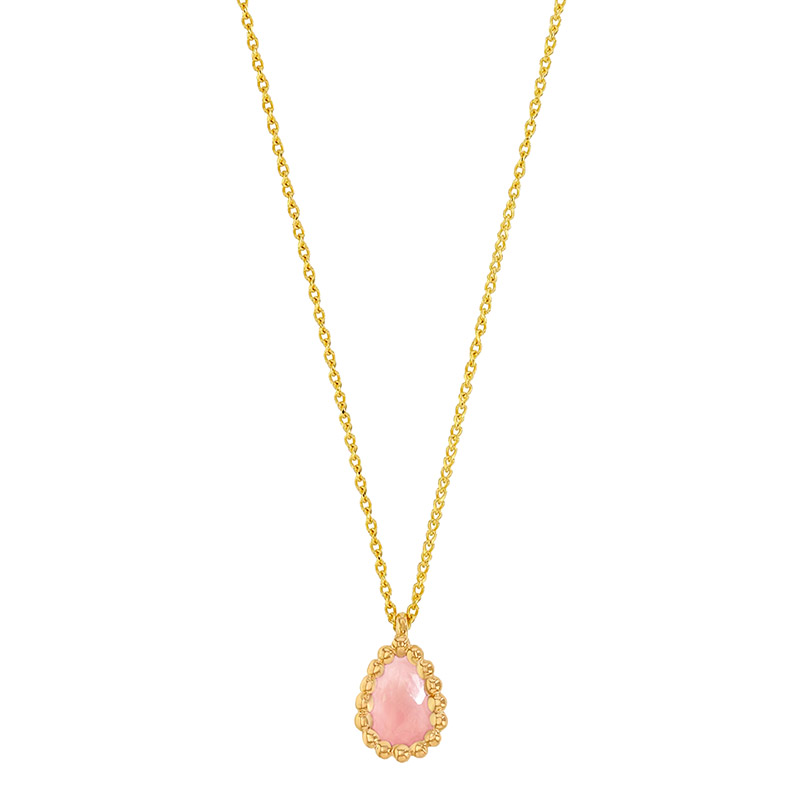 Collier Quartz rose taille poire 6 x 4mm, entourage perlé Or 750/1000